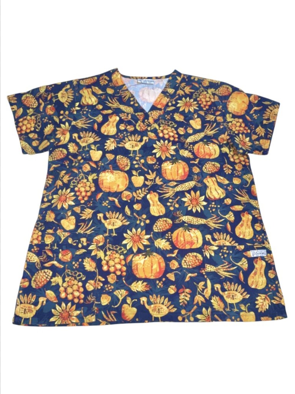 Womens Scrub Top Sz XL Navy Blue Thanksgiving Turkey Fall Pumpkin Leaves Vibrant